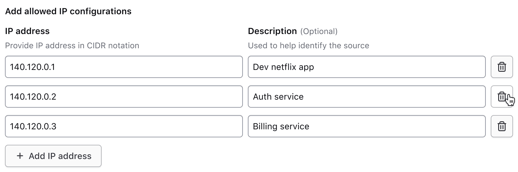 A user's cursor is hovering over the second row's delete button